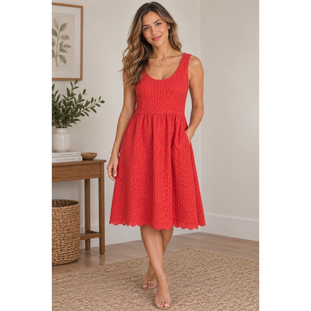 Maeve Fit Flare Dress Women Medium Orange Textured Scalloped Lace Back Pockets